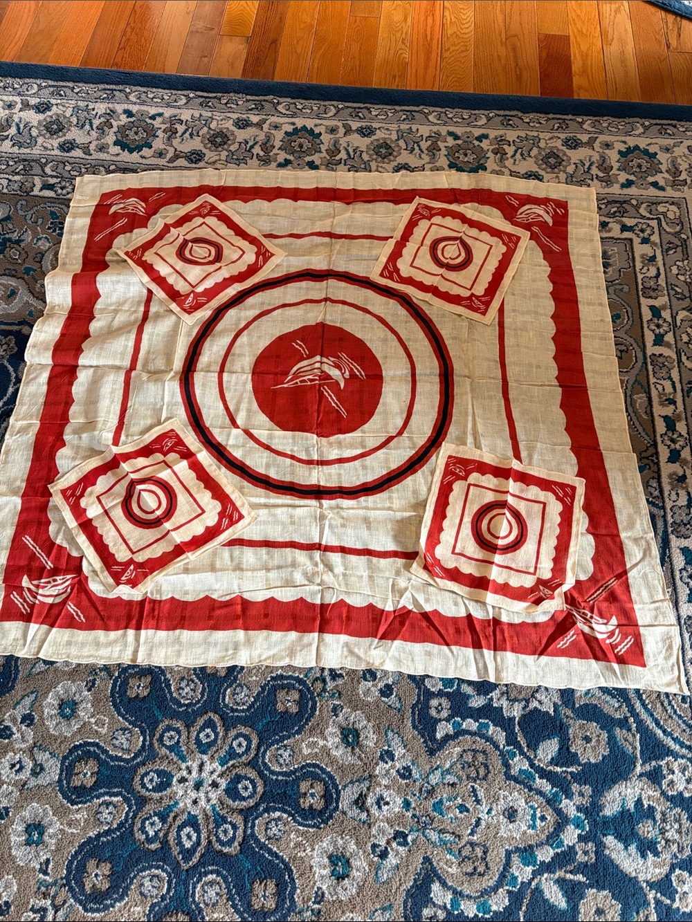 Vintage Japanese Boat Tablecloth 44x44 with 4 matching napkins Sailboats